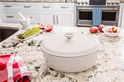 Lodge 7 Quart Enameled Cast Iron Oval Dutch Oven with Lid – Dual Handles – Oven Safe up to 500° F or on Stovetop - Use to Marinate, Cook, Bake, Refrigerate and Serve – Oyster White - Image 5