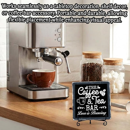 Coffee Bar Sign, Love is Brewing Farmhouse Tabletop Decor, Coffee and Tea Lover Gifts, 5x5 Wood Plaque with Iron Stand for Home Kitchen Cafe, Coffee Bar Decor – L03 - Image 4
