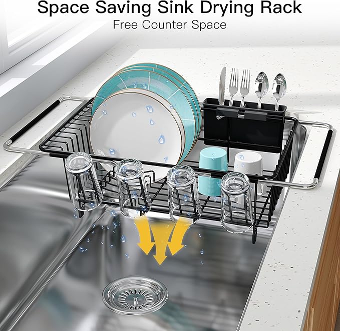 Dish Drying Rack Over the Sink In Stainless Steel Black Expandable Drainer for Small Kitchen, Counter Space Saving Compact Inside Sink Plate Dryer, Adjustable Hanging Metal Wire Strainer Drain Holder - Image 6