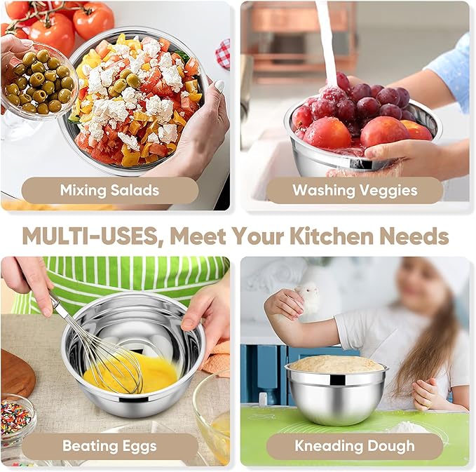 TeamFar Mixing Bowls, 4.5/3/1.5/1/0.7 QT, Stainless Steel Metal Nesting Salad Bowl with Lid Set, Ideal for Mixing Serving, Non-Toxic & Sturdy, Airtight Lid & Easy Clean, Red-Set of 5 - Image 5