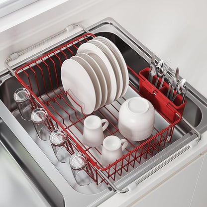 JASIWAY Red in Sink Dish Drying Rack, Expandable Stainless Steel Small Dish Rack Over Kitchen Sink, Plate Drainer Strainer with Cutlery Holder & Cup Holders, Counter Space Saving Wire Dryer Rack by JASIWAY