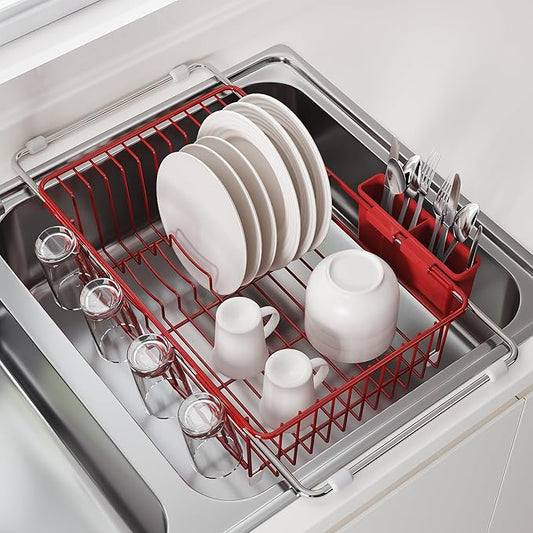 JASIWAY Red in Sink Dish Drying Rack, Expandable Stainless Steel Small Dish Rack Over Kitchen Sink, Plate Drainer Strainer with Cutlery Holder & Cup Holders, Counter Space Saving Wire Dryer Rack by JASIWAY