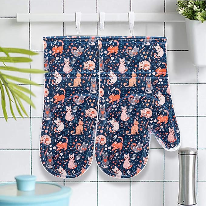 Oven Mitts Set of 2 with Transparent Clear Silicone Shell and Nice cat Printing Cotton Lining, Heat Resistant to 500 F Kitchen Oven Gloves Pot Holder for Cooking (Navy, Cat, Oven Mitts) - Image 6