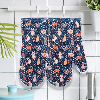 Oven Mitts Set of 2 with Transparent Clear Silicone Shell and Nice cat Printing Cotton Lining, Heat Resistant to 500 F Kitchen Oven Gloves Pot Holder for Cooking (Navy, Cat, Oven Mitts) - Image 6