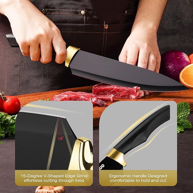 Knife Set With Block,Dishwasher Safe Kitchen Knife Set With Built-In Sharpener,German Stainless Steel Black Knife Block Set(Night Flash Series)