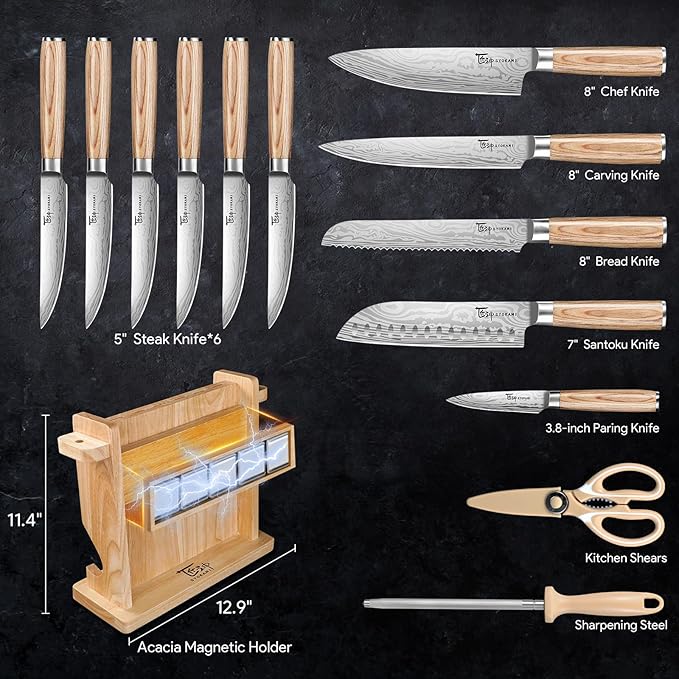 SYOKAMI 2026 Upgrade Knife Set 14 Japanese Style Kitchen Knife Set with Torii-Style Magnetic Block, Razor-Sharp High Carbon Stainless Steel Knives Set for Kitchen with Anti-Slip Handle, Gift for Mom