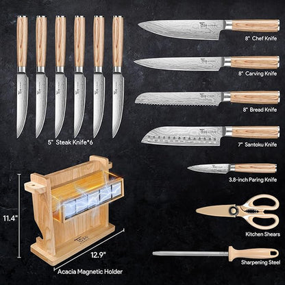 SYOKAMI 2026 Upgrade Knife Set 14 Japanese Style Kitchen Knife Set with Torii-Style Magnetic Block, Razor-Sharp High Carbon Stainless Steel Knives Set for Kitchen with Anti-Slip Handle, Gift for Mom
