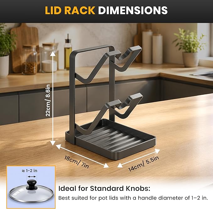 Pot Lid Holder with Removable Drip Tray, Multifunctional Double Layer Pot Lid Organizer for Countertop, Kitchen Pot Lid Storage Rack for Covers, Cutting Boards, Utensils (Grey) - Image 2