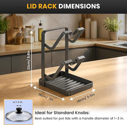 Pot Lid Holder with Removable Drip Tray, Multifunctional Double Layer Pot Lid Organizer for Countertop, Kitchen Pot Lid Storage Rack for Covers, Cutting Boards, Utensils (Grey) - Image 2