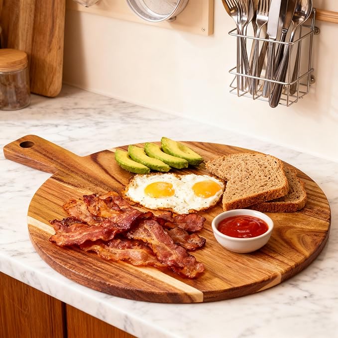 Large Acacia Wood Cutting Board with Handle 17''X13'', Charcuterie Board, Serving Board, Chopping Board for Meat, Cheese, Bread, Vegetables & Fruits (Round) - Image 7