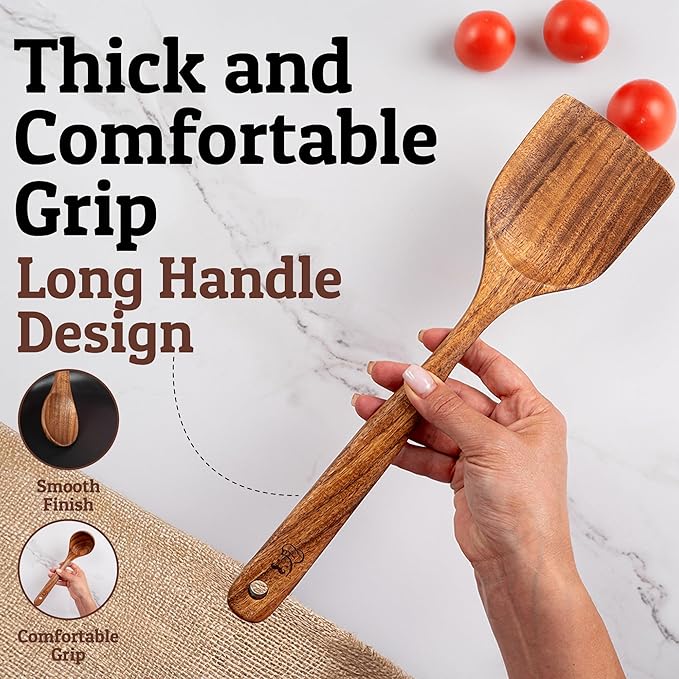 PriorityChef Wooden Spoons for Cooking, Premium 6pc Teak Wood Utensil Set with Hanging Hooks - Image 3