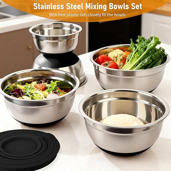 CHAREADA Mixing Bowls with Airtight Lids, 18pcs Stainless Steel Nesting Colorful Mixing Bowls Set Non-slip Silicone Bottom, Size 4.5, 3.6, 2.7, 2.1, 1.7, 1.1, 0.7 qt, Fit for Mixing & Serving (Black) - Image 6