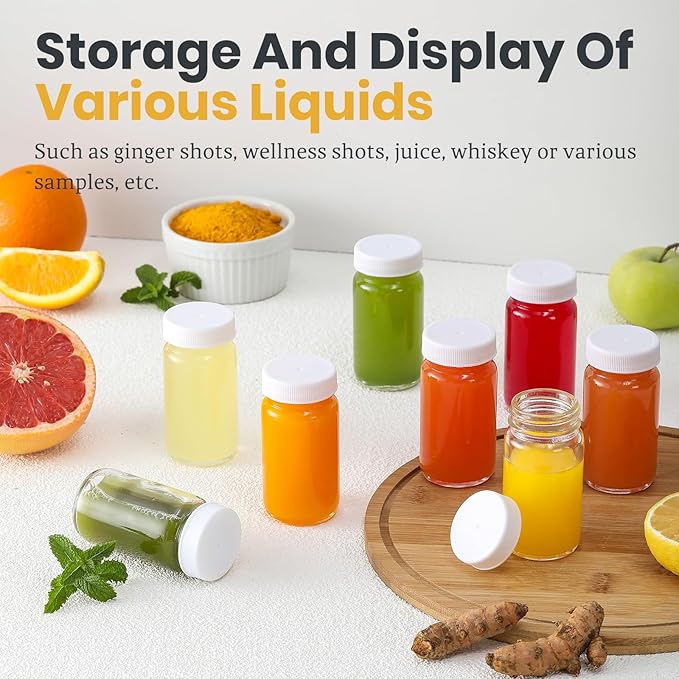 LANDNEOO 15 Pack 2 oz Glass Shot Bottles w/White Lids & 15 Labels - Small Clear Jar for Ginger, Wellness Shot, Juice, Sample, Whiskey - Travel Mini Bottles - Wide Mouth, Leakproof, Dishwasher Safe - Image 6