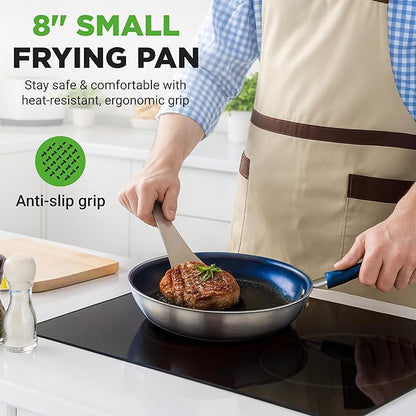 NutriChef 8" Fry Pan With Lid - Small Skillet Nonstick Frying Pan With Lid, Silicone Handle, Ceramic Coating, Blue Silicone Handle, Stain-Resistant And Easy To Clean, Professional Home Cookware