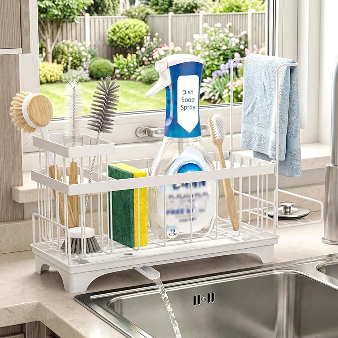 VOOWO Sponge Holder for Kitchen Sink, Compact Sink Caddy with Detachable Brush Holder and Towel Rack, Stainless Steel Kitchen Sink Organizer for Dish Sponge, Soap Dispenser Storage Accessories (White)