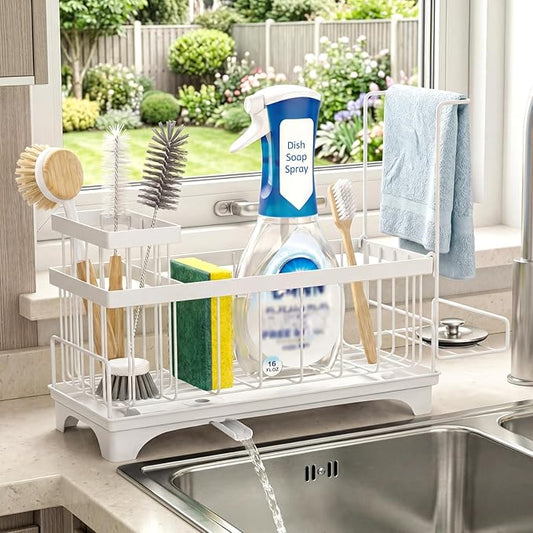 VOOWO Sponge Holder for Kitchen Sink, Compact Sink Caddy with Detachable Brush Holder and Towel Rack, Stainless Steel Kitchen Sink Organizer for Dish Sponge, Soap Dispenser Storage Accessories (White)