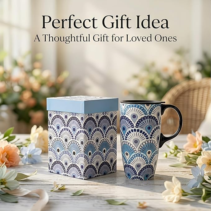 Topadorn Ceramic Travel Mug with Lid and Handle Ceramic Coffee Mug Ceramic Latte Teacup in Color Box 17 Oz, Splash Resistant Lid - To Go Tumbler for Car Cup Holder, Blue