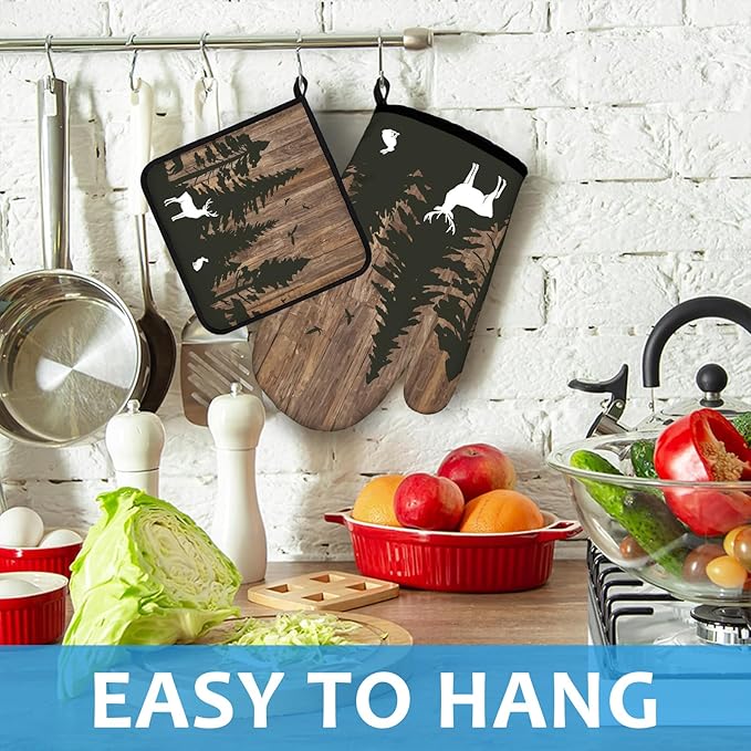Deer Forest Wood Grain Oven Mitts and Pot Holders Sets Heat Resistant 4Pcs Potholders Oven Gloves Hot Pads for Kitchen Baking Cooking Grilling BBQ