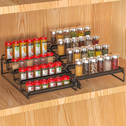 4 Tier Adjustable Spice Rack Organizer for Cabinet - Black (2 PCS S&L) Expandable Spice Shelf with Protection Railing for Inside Cabinets, Countertop, Pantry Storage & Seasoning Organization by GREATLUHENGPING