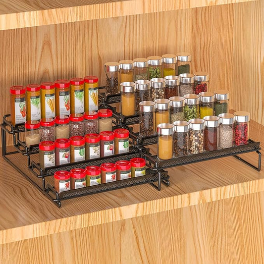 4 Tier Adjustable Spice Rack Organizer for Cabinet - Black (2 PCS S&L) Expandable Spice Shelf with Protection Railing for Inside Cabinets, Countertop, Pantry Storage & Seasoning Organization by GREATLUHENGPING