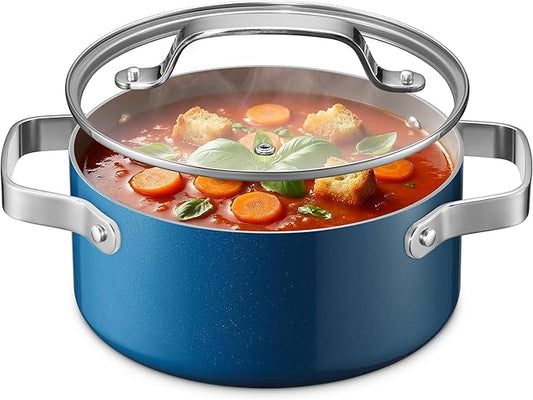 Bakken 3 Quart Ceramic Coated Stock Pot with Lid, Easy to Clean Nonstick Pot, Tempered Glass Lid, Riveted Stainless Steel Handles, Oven Safe Up To 500°F, PTFE & PFAS Free, All Stove Compatible, Blue by BAKK%C3%8BNMASTER