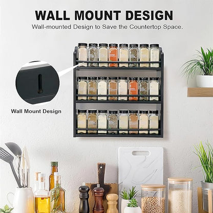 3 Tier Bamboo Spice Rack, Spice Rack Organizer, Seasoning Jars Rack Shelf Spice Organizer for Kitchen Counter or Wall Mounting, Spice Storage Holder with handles, Jars Not Included, Black - Image 5