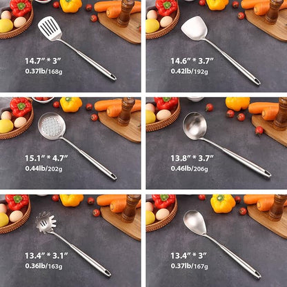 18/10 Stainless Steel Kitchen Utensils Set, 6 PCS All Metal Professional Cooking Utensils, 15" Long Kitchen Tools - Spatula, Ladle, Skimmer Spoon, Pasta Serve, Large Spoon, Slotted Spatula Tunner - Image 2