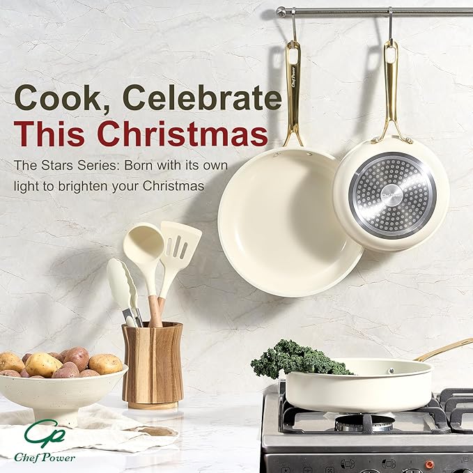 Chef Power Ceramic Frying Pan with Stainless Steel handle 5Pcs Set, Non Stick Grill Pan Set, Dishwasher and Oven Safe, Cream White and Light Gold Handle - Image 7