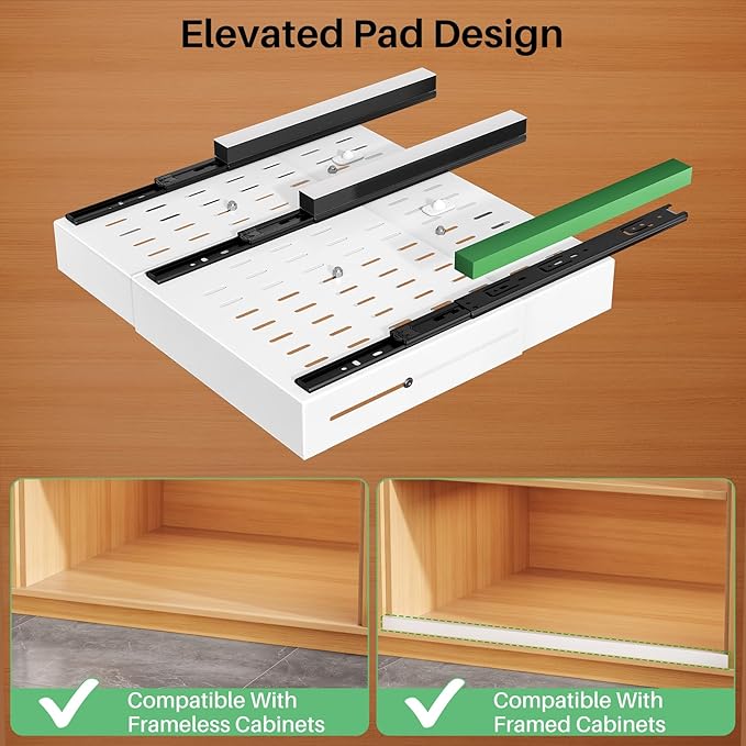 Pull out Cabinet Organizer, Expandable Width(14"-24"), Depth(13"-24") with 3 Rails, Slide Out Drawers With Raising Pad for Framed Cabinets, Fixed with Adhesive Film for Cabinets in Kitchen, White - Image 5
