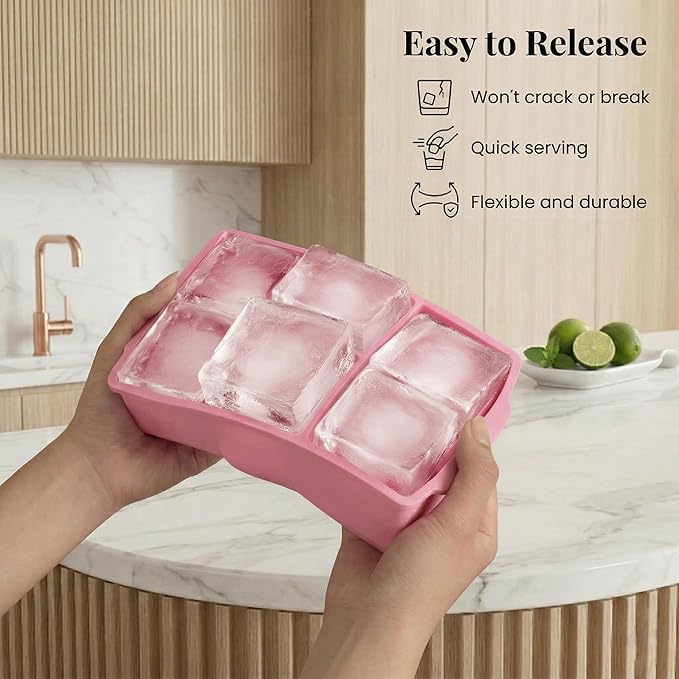 KitchFort Large Silicone Ice Cube Tray (2-Pack), Easy Release 2" Big Ice Cubes - Cocktail, Whiskey Ice Cubes Mold - Ice Trays for Freezer with Lid - Stackable Silicone Ice Tray - Pink - Image 3