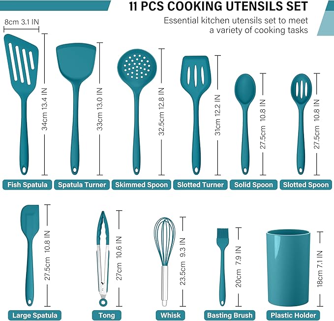 HaWare 11 PCS Silicone Cooking Utensils Set, Heat Resistant Kitchen Utensils with Holder, Food-grade Spatula Sets for Nonstick Cookware, Kitchen Tools Gadgets Include Fish Turner, Spoon (Blue) - Image 2