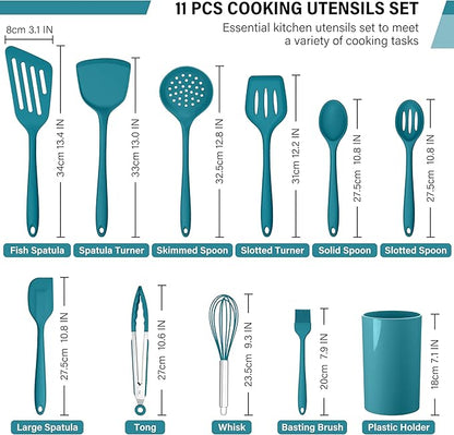 HaWare 11 PCS Silicone Cooking Utensils Set, Heat Resistant Kitchen Utensils with Holder, Food-grade Spatula Sets for Nonstick Cookware, Kitchen Tools Gadgets Include Fish Turner, Spoon (Blue) - Image 2