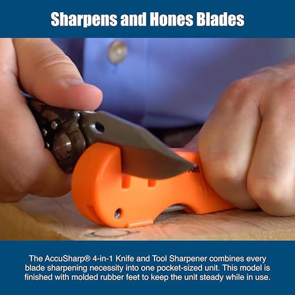 AccuSharp 4-in-1 Knife & Tool Sharpener, Coarse Tungsten Carbide Sharpening Blade & Ceramic Rod with Retractable Diamond-Tapered Rod for Knives, Fish Hooks & Tools, Orange