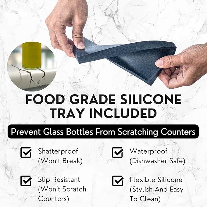 Verspace - Clear Glass Olive Oil Dispenser Bottles For Kitchen With Silicone Tray & 40 Labels, Soy Sauce Dispenser, Coffee Syrup Dispenser, Olive Oil Bottles Set Of 2, Black - Image 5