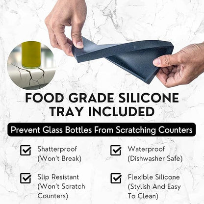 Verspace - Clear Glass Olive Oil Dispenser Bottles For Kitchen With Silicone Tray & 40 Labels, Soy Sauce Dispenser, Coffee Syrup Dispenser, Olive Oil Bottles Set Of 2, Black - Image 5