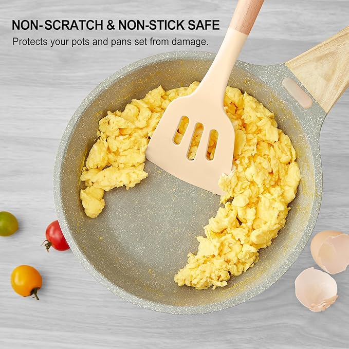 Kitchen Utensils Set - 34 PCS Non-Stick Silicone Cooking Utensils Set Spatula Set with Holder, Wooden Handle Spoon,Brush,Whisk Kitchen Gadgets Tools Set for Nonstick Cookware (Khaki-34P) - Image 3
