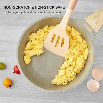 Kitchen Utensils Set - 34 PCS Non-Stick Silicone Cooking Utensils Set Spatula Set with Holder, Wooden Handle Spoon,Brush,Whisk Kitchen Gadgets Tools Set for Nonstick Cookware (Khaki-34P) - Image 3