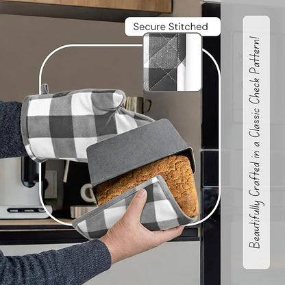 Native Fab Buffalo Plaid Check Oven Mitts and Pot Holders Set of 4, 100% Cotton Heat Resistant Kitchen Gloves, 2 Oven Mitts (7x13), 2 Pot Holders (8x8) for Cooking & Baking, Steel Grey White - Image 7