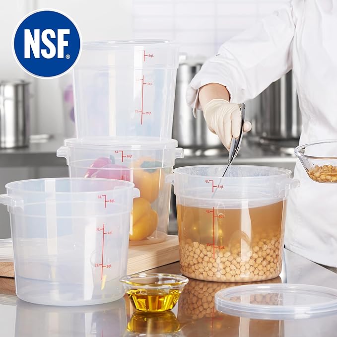 CURTA 6 Quart Translucent Round Food Storage Container with Lid, Pack of 4 – NSF Listed, BPA-Free, Commercial-Grade Polypropylene, Freezer & Dishwasher Safe, Non-Stick, Easy-Read Graduations