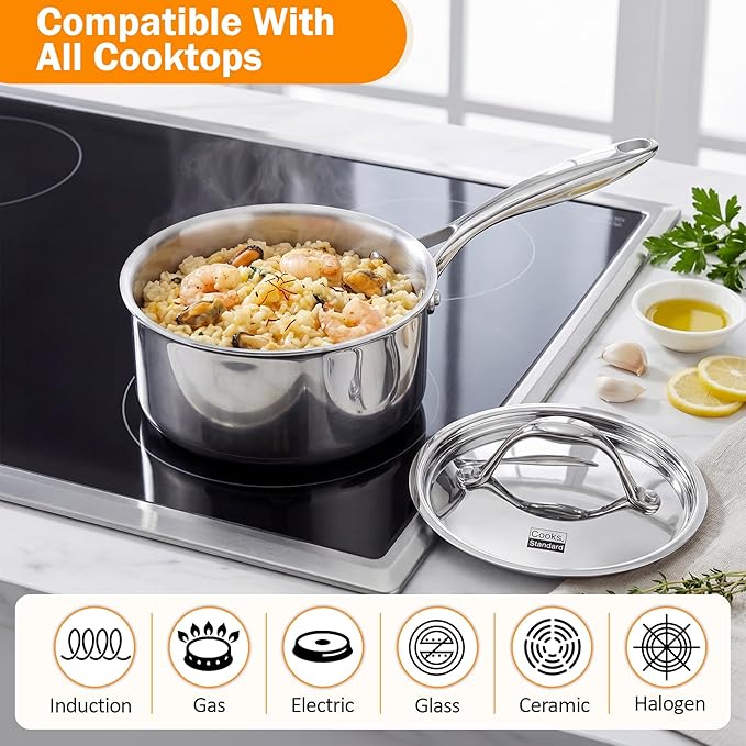 Cooks Standard Stainless Steel Sauce Pan with Lid, 1.5 Quarts Tri-Ply Clad Saucepan, Small Kitchen Induction Pot, Dishwasher & Oven Safe, Compatible with All Cooktops