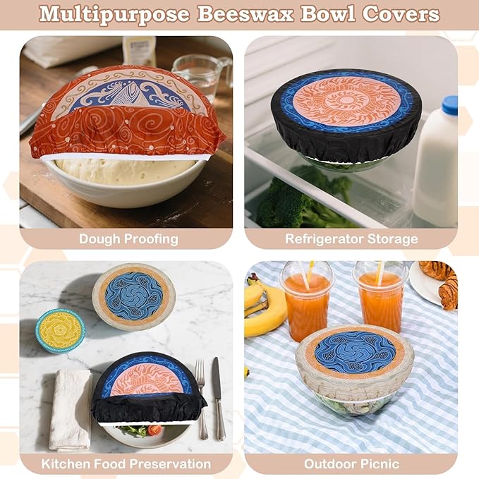 5-Size Reusable Beeswax Bowl Covers for Bread Proofing, Cotton Cloth Flexible Beeswax Wraps for Food Storage(Concentric Circle) - Image 5