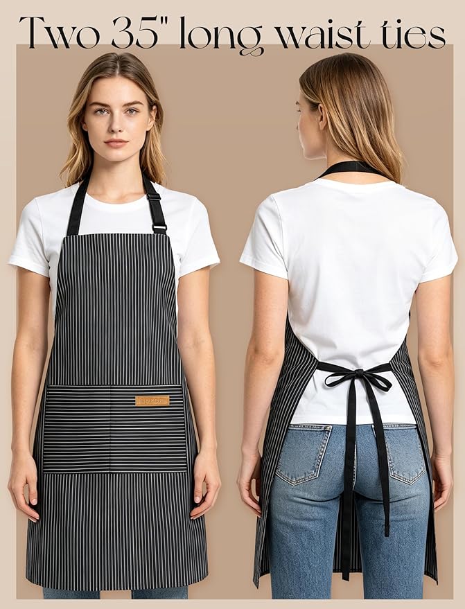 2 Pack Kitchen Cooking Aprons, Soft Aprons for Women Men with 2 Pockets Chef Apron with Adjustable Neck Strap and Long Tie - Image 5
