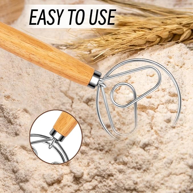 Danish Dough Whisk with Dough Hook Stainless Steel Wooden Handle for Sourdough Bread Baking Dough Mixing - Image 2