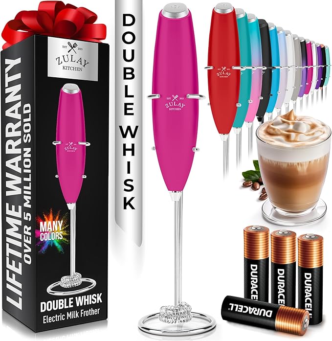 Zulay Kitchen Whisk Milk Frother with 4 Duracell Batteries - Powerful Handheld Foam Maker for Coffee, Lattes, Matcha, Hot Chocolate & Cappuccinos - Whip Creamy Froth in Seconds by ZulayKitchen