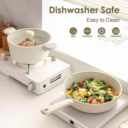 SENSARTE Ceramic Nonstick Pots and Pans Set 17pcs, Healthy Induction Cookware Set, Nontoxic Kitchen Cooking Set with Skillets & Saucepans, Stay-cool Handles, PFAS PTFE PFOA PFOS Free, Cream White