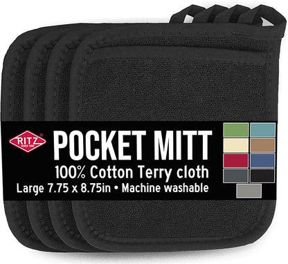 RITZ Terry Pocket Mitt & Hot Pad: Unparalleled Heat Resistant, Durable 100% Cotton – Ergonomically Designed for Optimal Grip – Easy-Care Machine Washable – 4-Pack, Black by Ritz+Foodservice