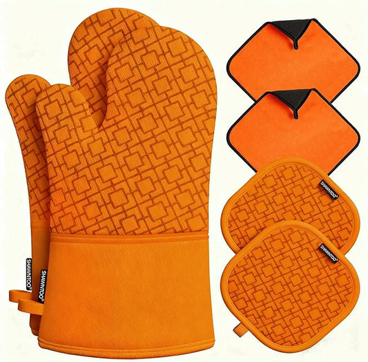 Oven Mitts and Pot Holders Sets 6pcs, Kitchen Oven Glove,High Heat Resistant 550 Degree Extra Long Oven Mitts and Potholders with Non-Slip Silicone Surface for Home Essentials (Grey) (Pumpkin Orange) by OvenMitts