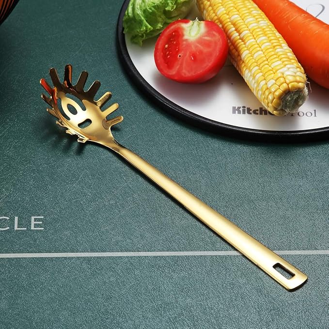 Gold Spaghetti Spoon, Berglander Pasta Server With Titanium Gold Plating, Stainless Steel Spaghetti Server For Cooking, Pasta Fork, Noddle Fork, Dishwasher Safe, Easy to Clean - Image 2