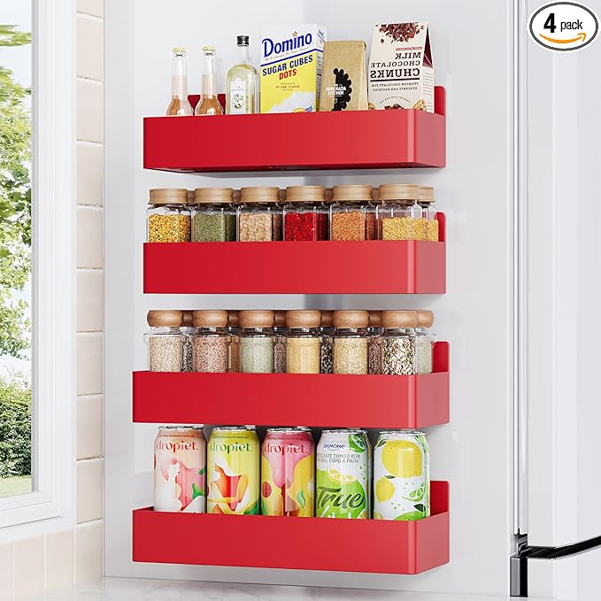 Mystozer Magnetic Spice Rack for Refrigerator, Kitchen Organizer and Storage Shelf, Red (4 Pack)… by Mystozer