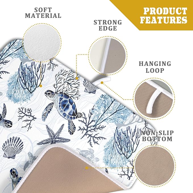 Giwawa 16"x18" Coastal Sea Turtles Dish Drying Mat Nautical Ocean Tortoise Coral Starfish Dish Drainer Mats for Kitchen Microfiber Reversible Dish Drying Rack Pad for Countertop Tabletop Decor